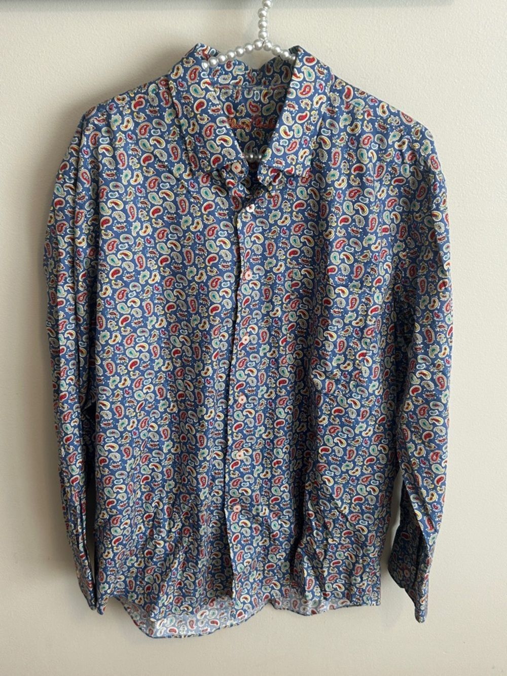 Alan Flusser Mens Blue Paisley Colorful Cotton Long Sleeve Button Down Shirt L